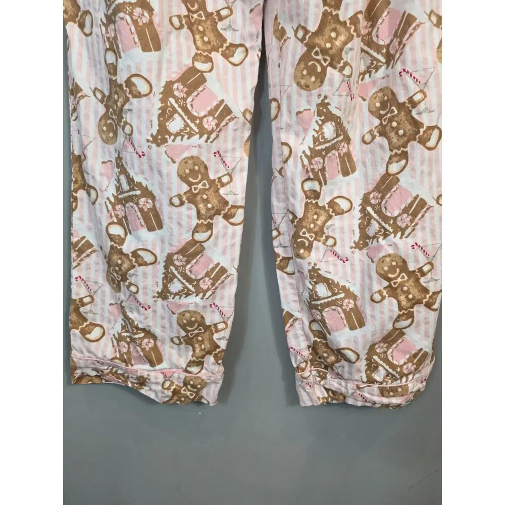 8 Oak Lane Women's Flannel Pajama Set Size M Pink Stripe Gingerbread House 2pc